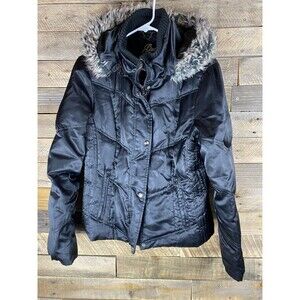 Guess Women's Sz L Black Puffer Jacket Faux Fur Hood Lined Coat